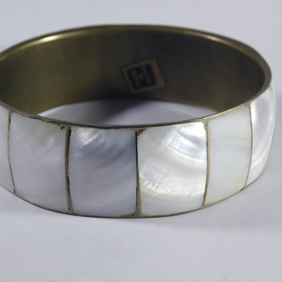 Vintage Brass and Mother of Pearl Bangle Bracelet - Picture 2 of 2